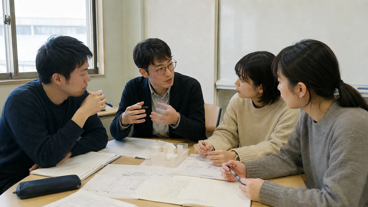 少人数の教室で教員と学生が資料を囲み対話するイメージ