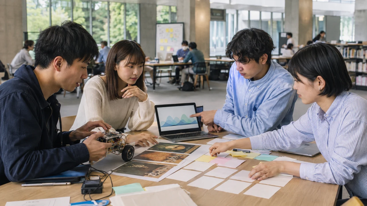 異なる分野の学生が一つの場で資料と試作物を囲むイメージ