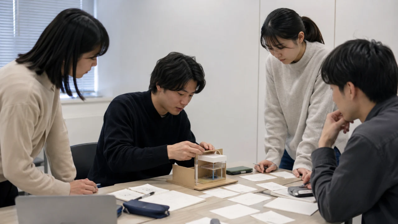 学生が試作物を囲み、次の改善を話し合うイメージ