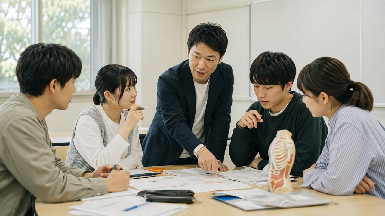 学生と教員が身体模型と資料を囲んでケースを検討するイメージ