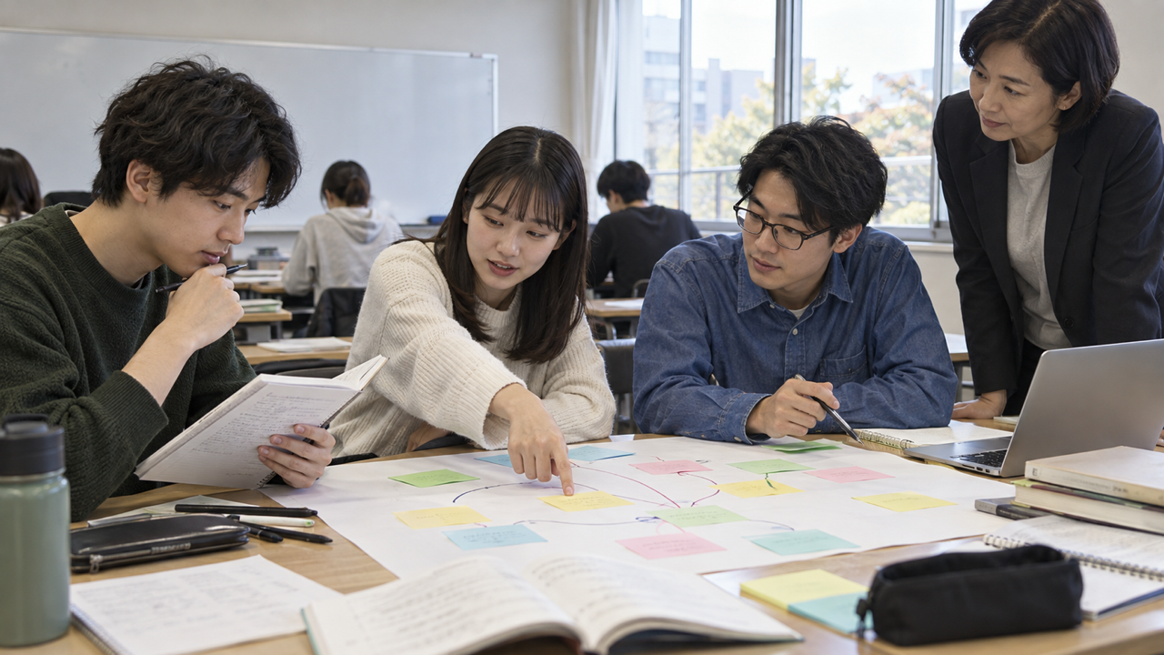 異なる専門の学生が一枚の学修目標マップを囲むイメージ