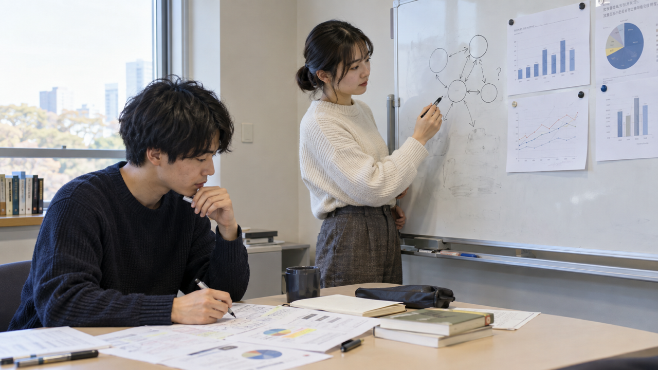 学生が資料を確かめながら仮説を書き直すイメージ