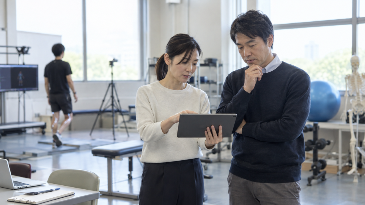 運動計測の結果を確認する大学職員のイメージ