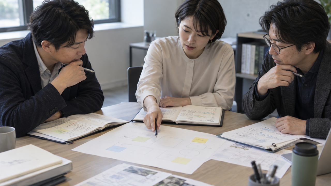 異なる資料を持ち寄って一つの企画を検討する大学関係者のイメージ