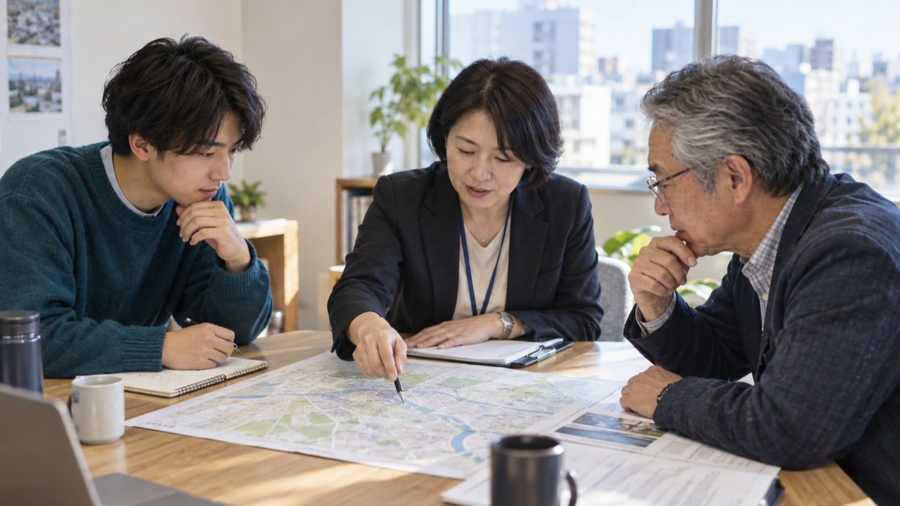 地域の地図を囲んで話し合う大学職員・学生・地域関係者のイメージ