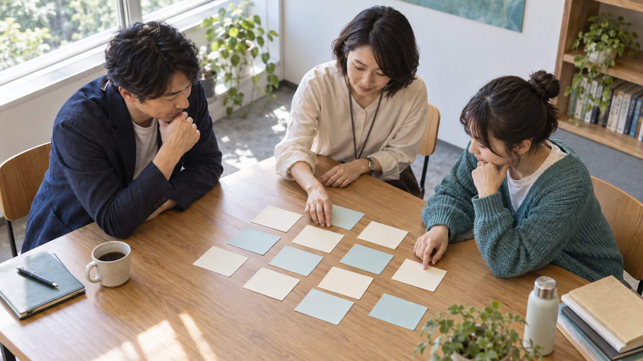 複数の学びを示すカードを一つの地図に並べる大学関係者のイメージ