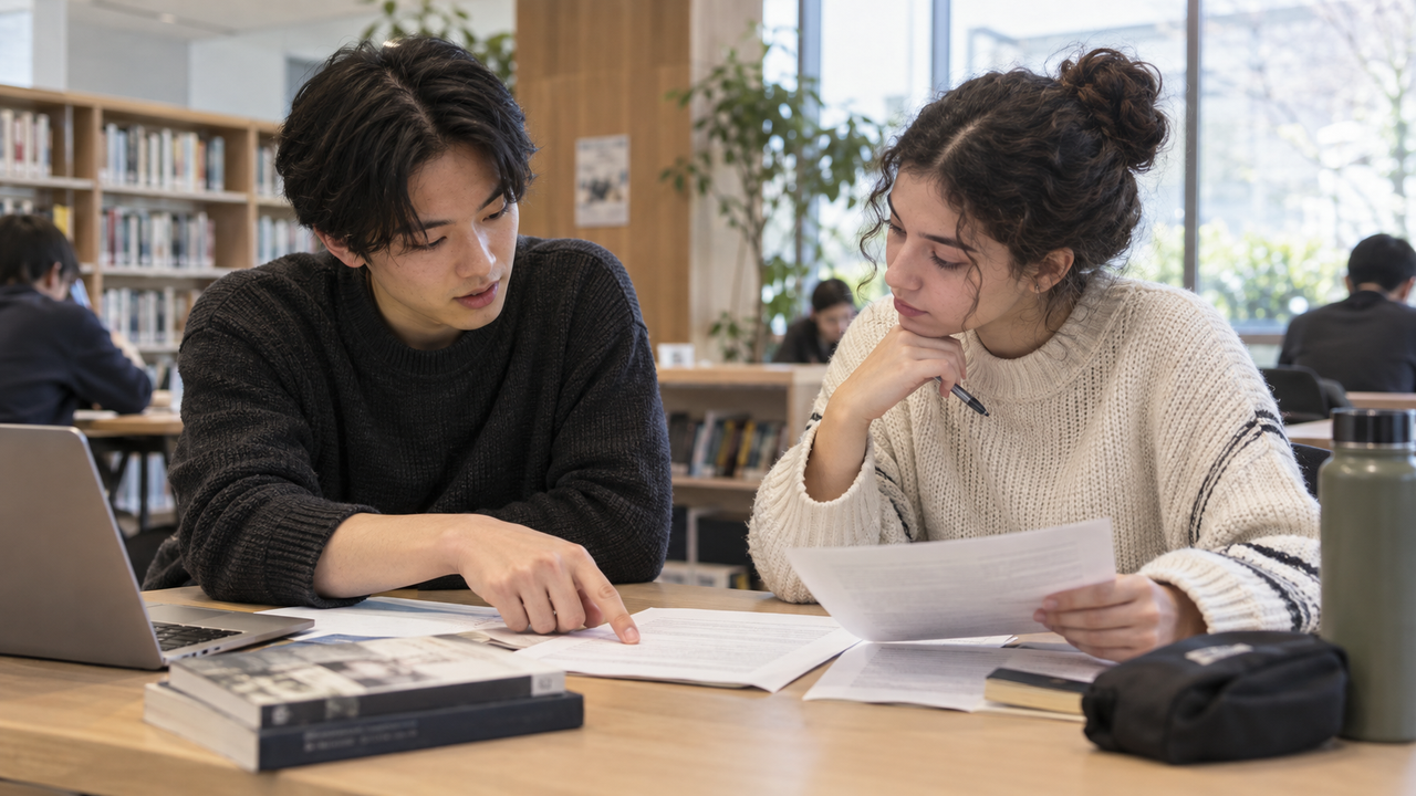 同じ資料を読みながら相手の説明を聞き、理解を確かめる学生のイメージ