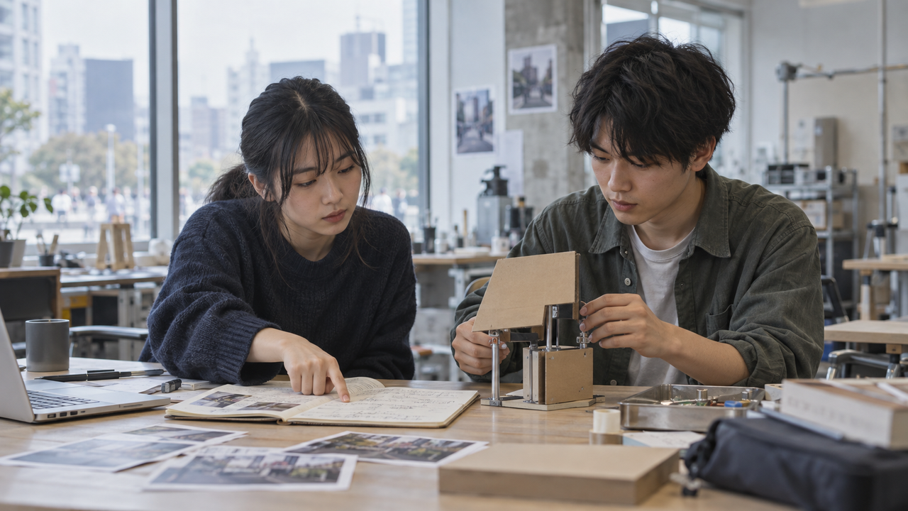 街で得た観察記録を大学の作業台で試作へ戻す学生のイメージ