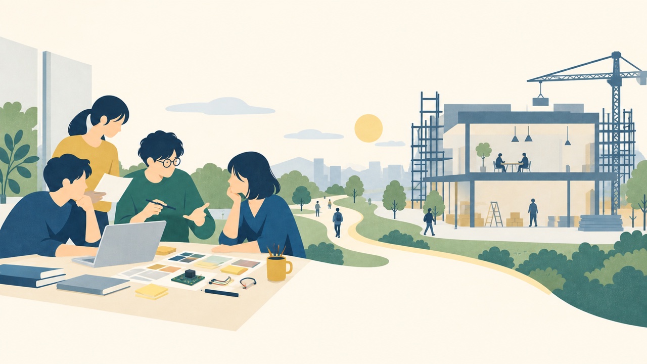 共同学習を始めている学生と整備中の学習施設を左右に描いた編集イラスト