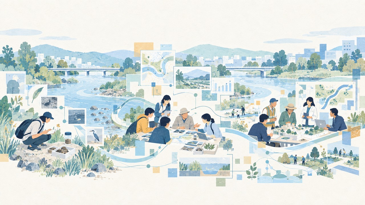 川辺の現場を観察した学生が、地域の人との調査と対話を経て、異なる人々と試作品を確かめる編集イラスト